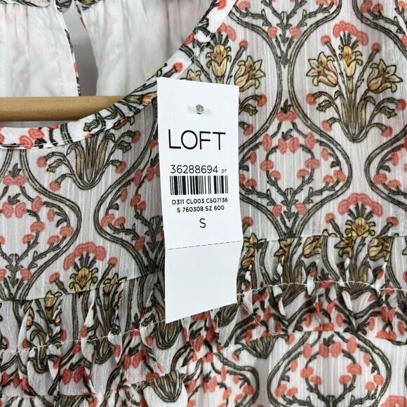 Loft Top Size Small White Tuilerie Floral Print Long Sleeve Ruffle Pleated Shirt - Picture 6 of 11